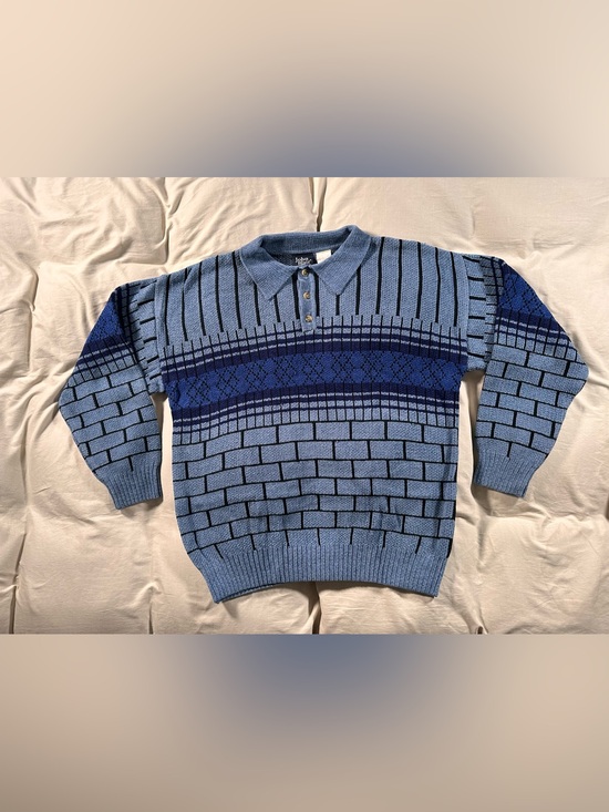 John Blair Other - Vintage Rugby Polo Boxy Sweater Large Geometric 3D Knit 1990s Navy Retro Y2K